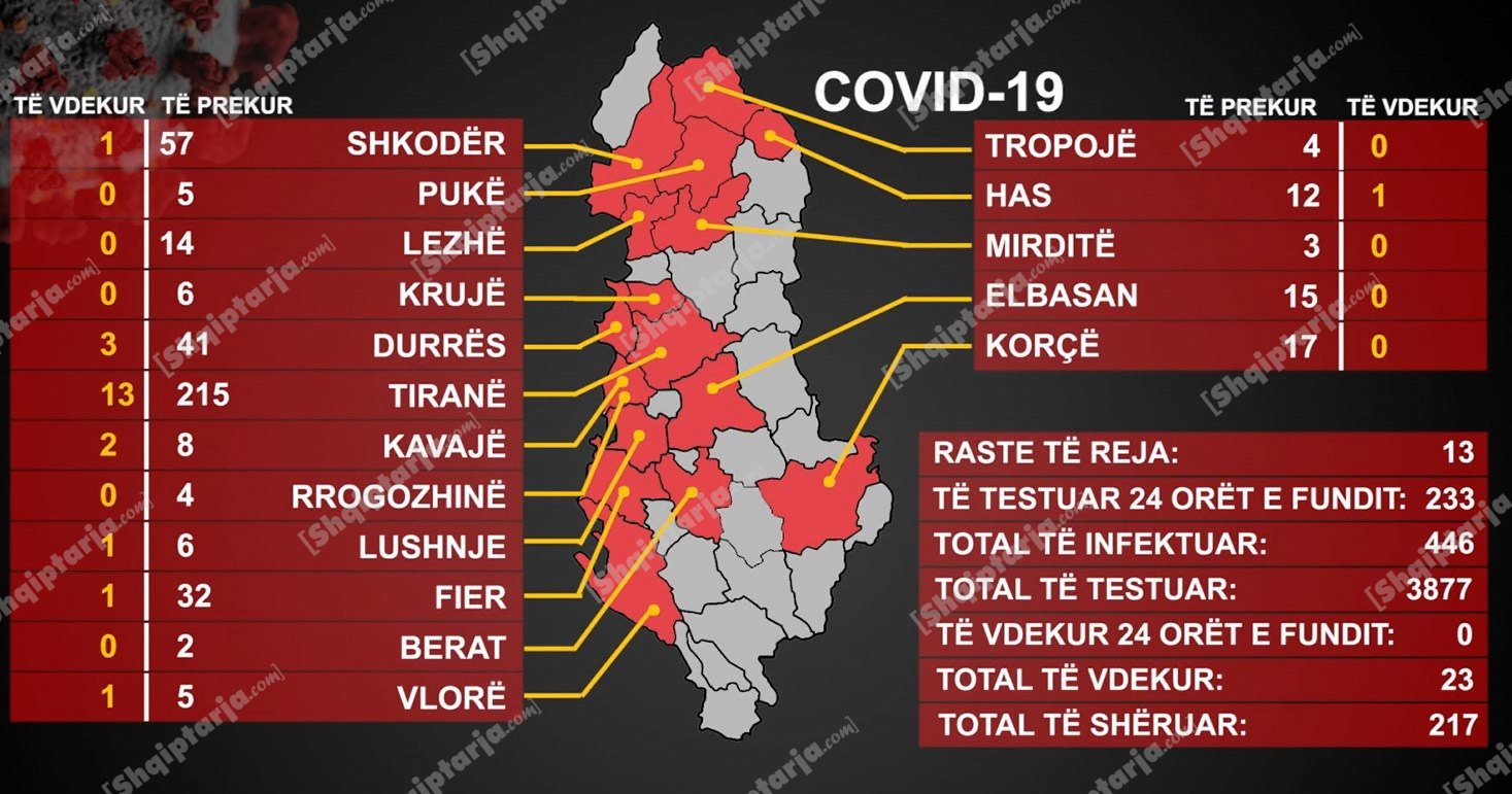 13 raste të reja me koronavirus në 24 orët e fundit, shkon në 446 numri i të infektuarve