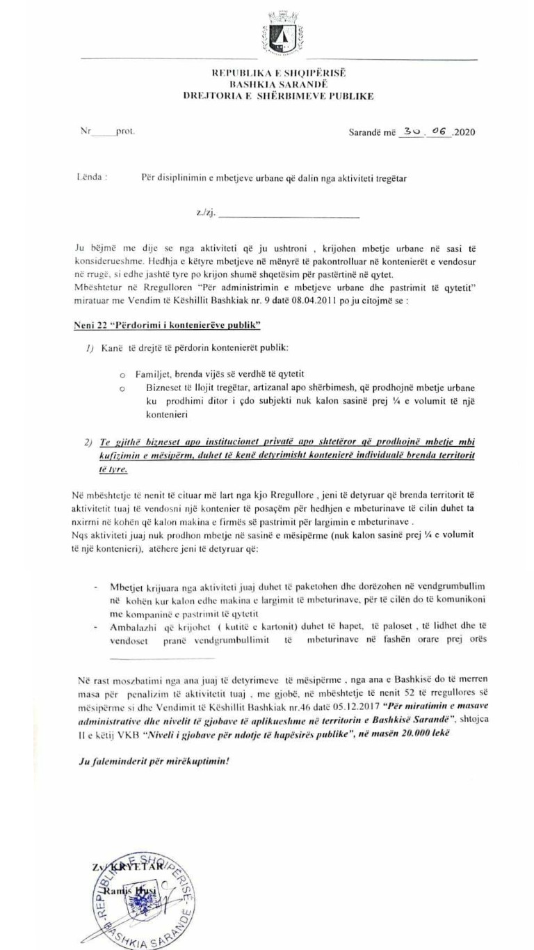 Rregullorja për administrimin e mbetjeve urbane në territorin e Ksamilit