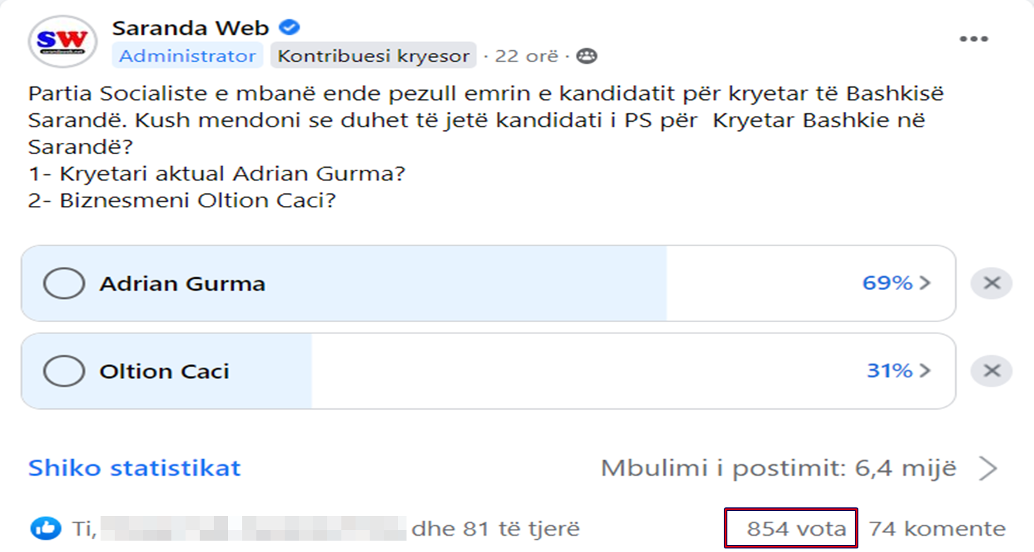 Sondazhi në Saranda Web &#8211; 69% e socialistëve i besojnë kandidaturës së Adrian Gurmës