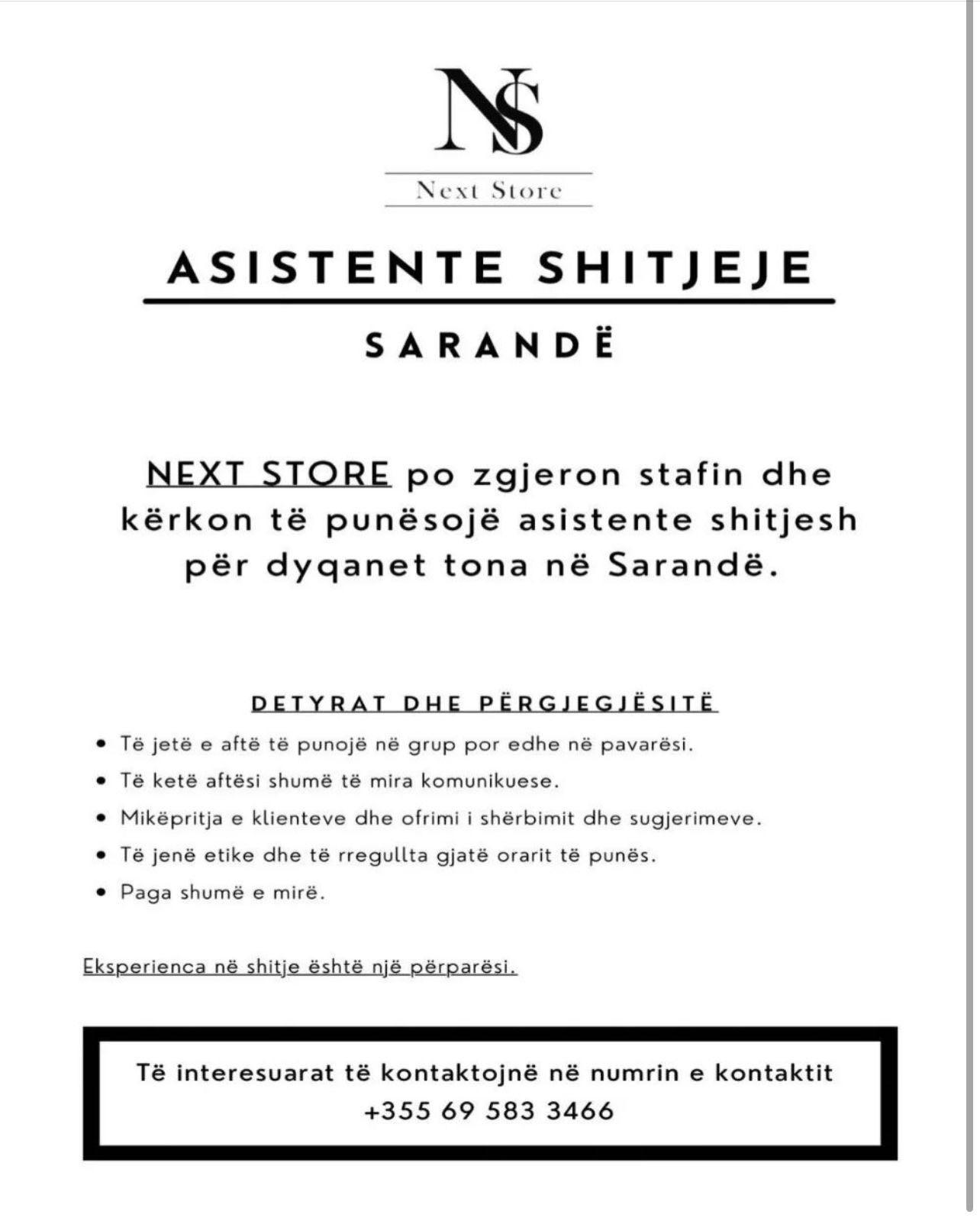 Next Store Sarandë kërkon të punësojë Asistente shitjesh