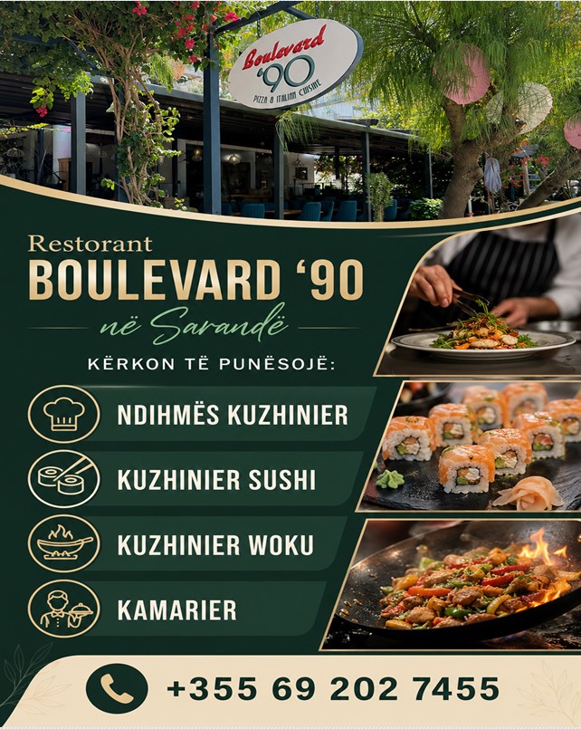 Restaurant Boulevard ’90 në Sarandë kërkon të punësojë staf