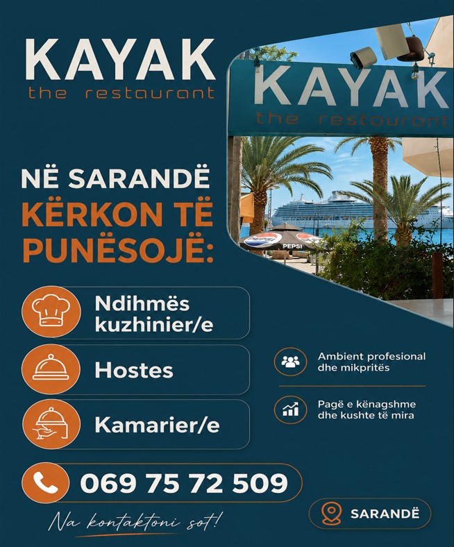 Njoftim punësimi për personel në KAYAK GASTRONOMY në Sarandë