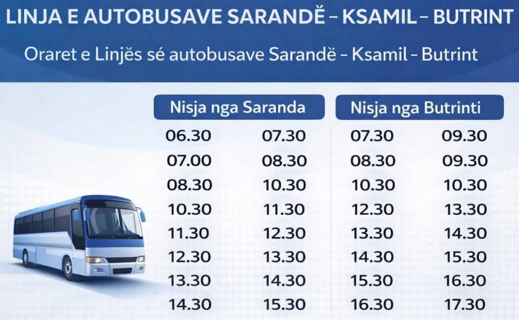 Autobus Sarandë Ksamil Butrint – Oraret, Çmimet dhe Ndalesat Kryesore