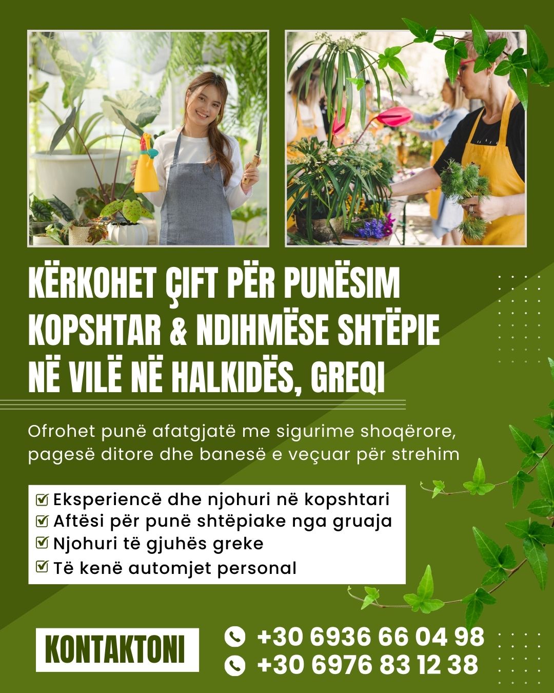 KËRKOHET ÇIFT PËR PUNË NË VILË PRIVATE NË GREQI