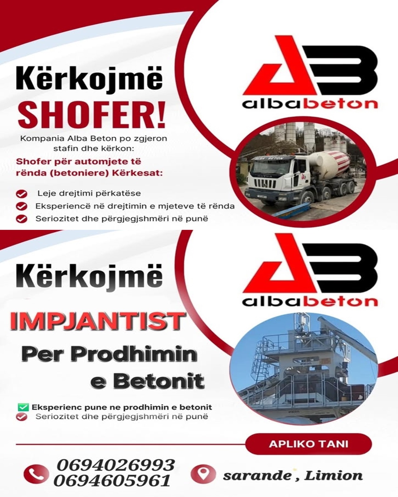 Alba Beton kërkon Shofer &#038; Impjantist në Sarandë