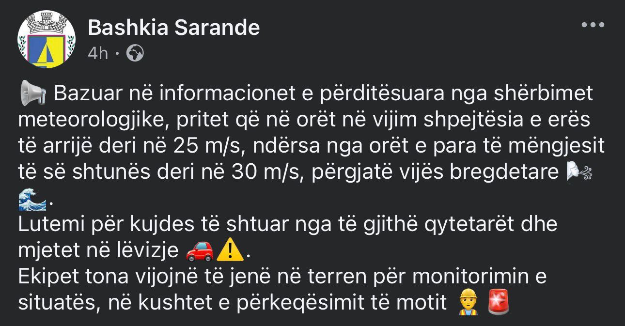 Bashkia Sarandë alarmon qytetarët: “Do të fryjë erë 30 metër/sekondë”