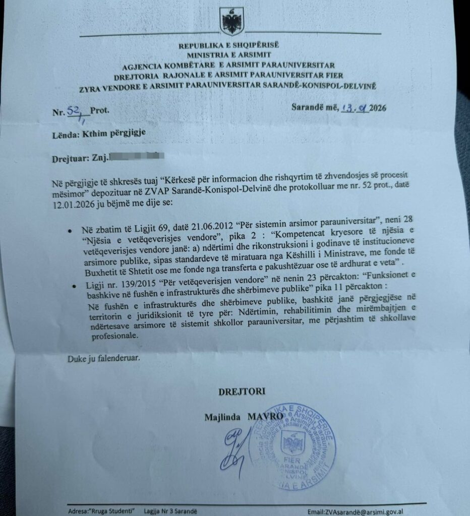 Prindërit iu drejtuan Zyrës Vendore Arsimore Sarandë–Konispol–Delvinë me një kërkesë të qartë dhe të arsyeshme. Ata nuk kërkuan favore, por informacion bazik dhe përgjegjësi