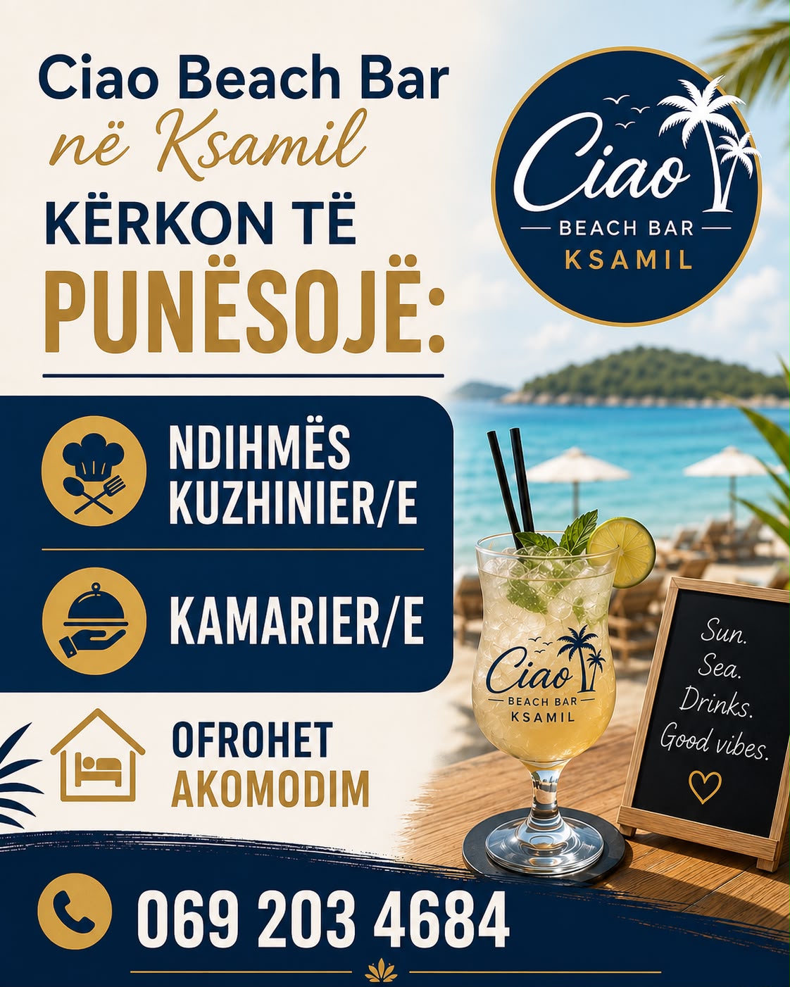CIAO Bar në Ksamil kërkon Ndihmës Kuzhinier dhe Kamarier – Ofrohet akomodim