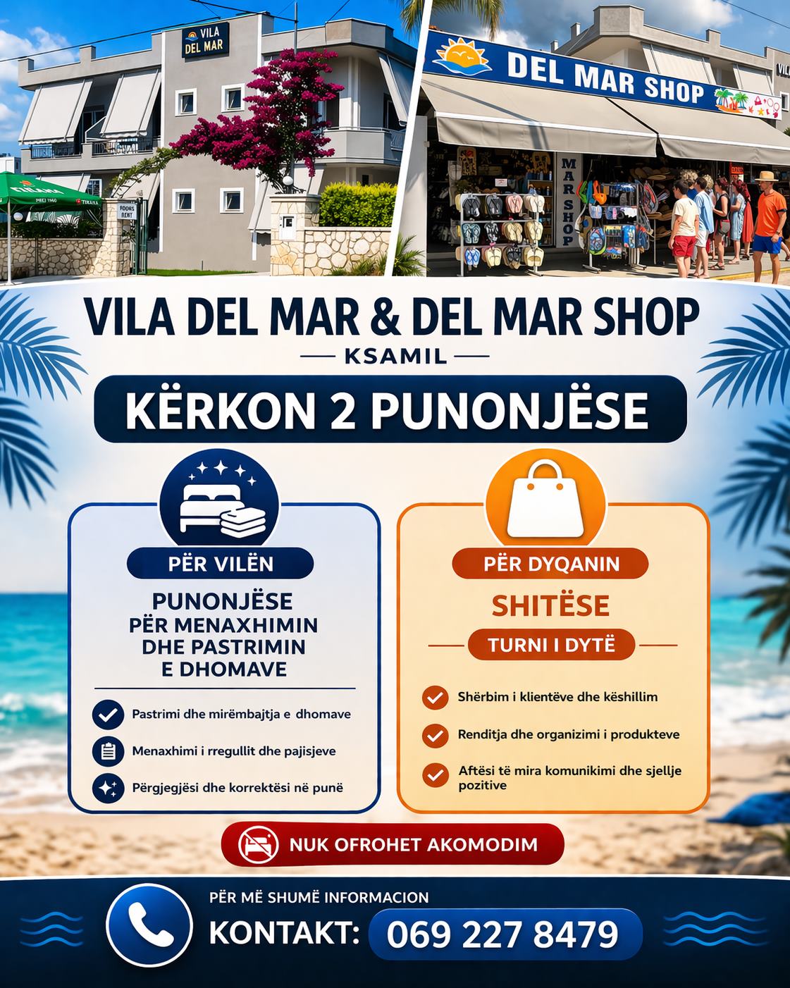 Vila Del Mar & Del Mar Shop në Ksamil kërkon të punësojë 2 punonjëse