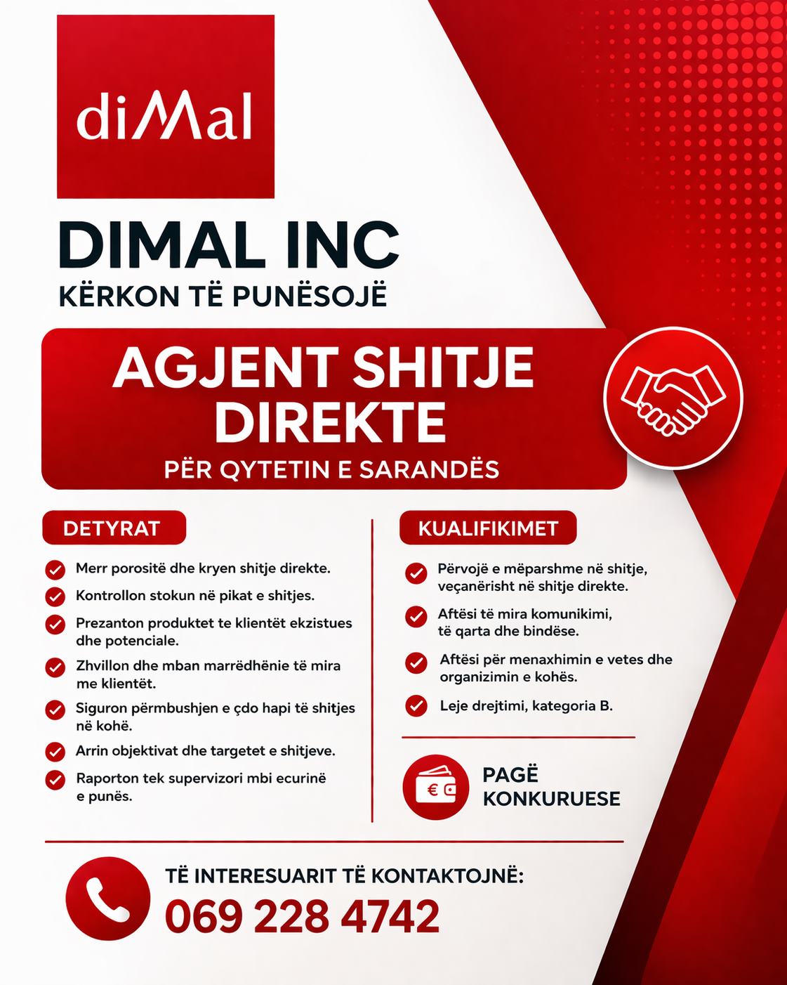 Dimal INC kërkon të punësojë Agjent Shitje Direkte në Sarandë