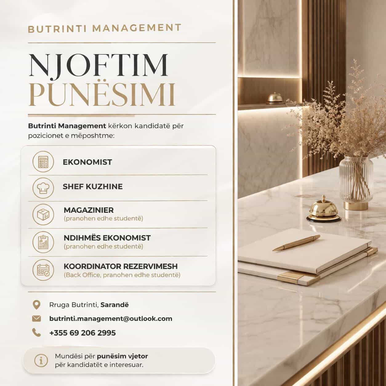 Butrinti Management kërkon ekonomist, shef kuzhine, magazinier, ndihmës ekonomist & koordinator rezervimesh