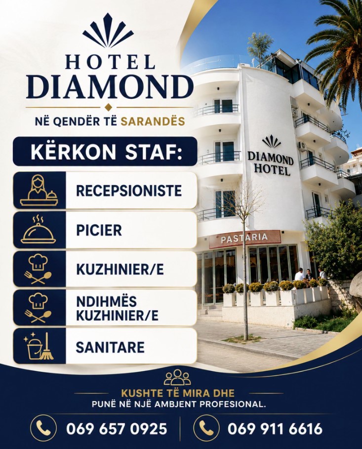 Hotel Diamond në qendër të Sarandës kërkon të punësojë staf