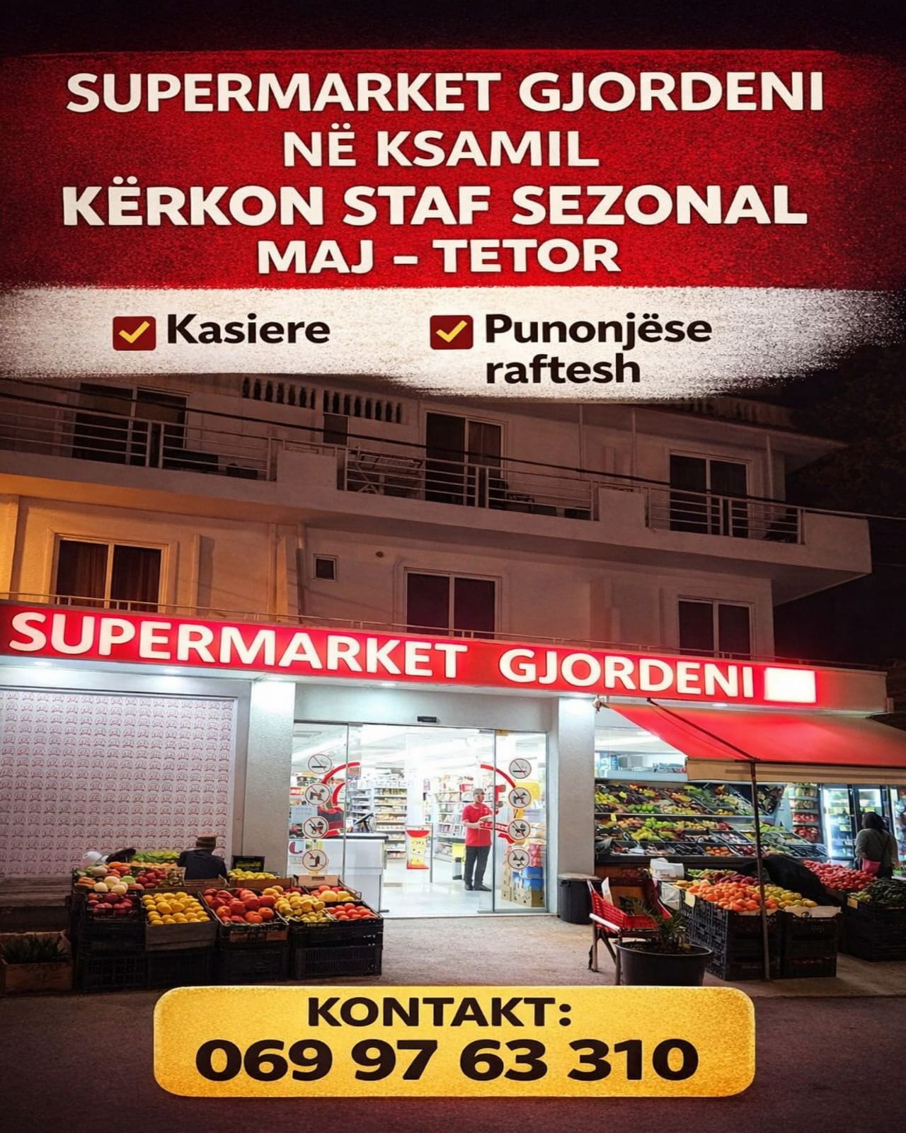 Supermarket Gjordeni në Ksamil kërkon Kasiere  dhe Punonjëse raftesh