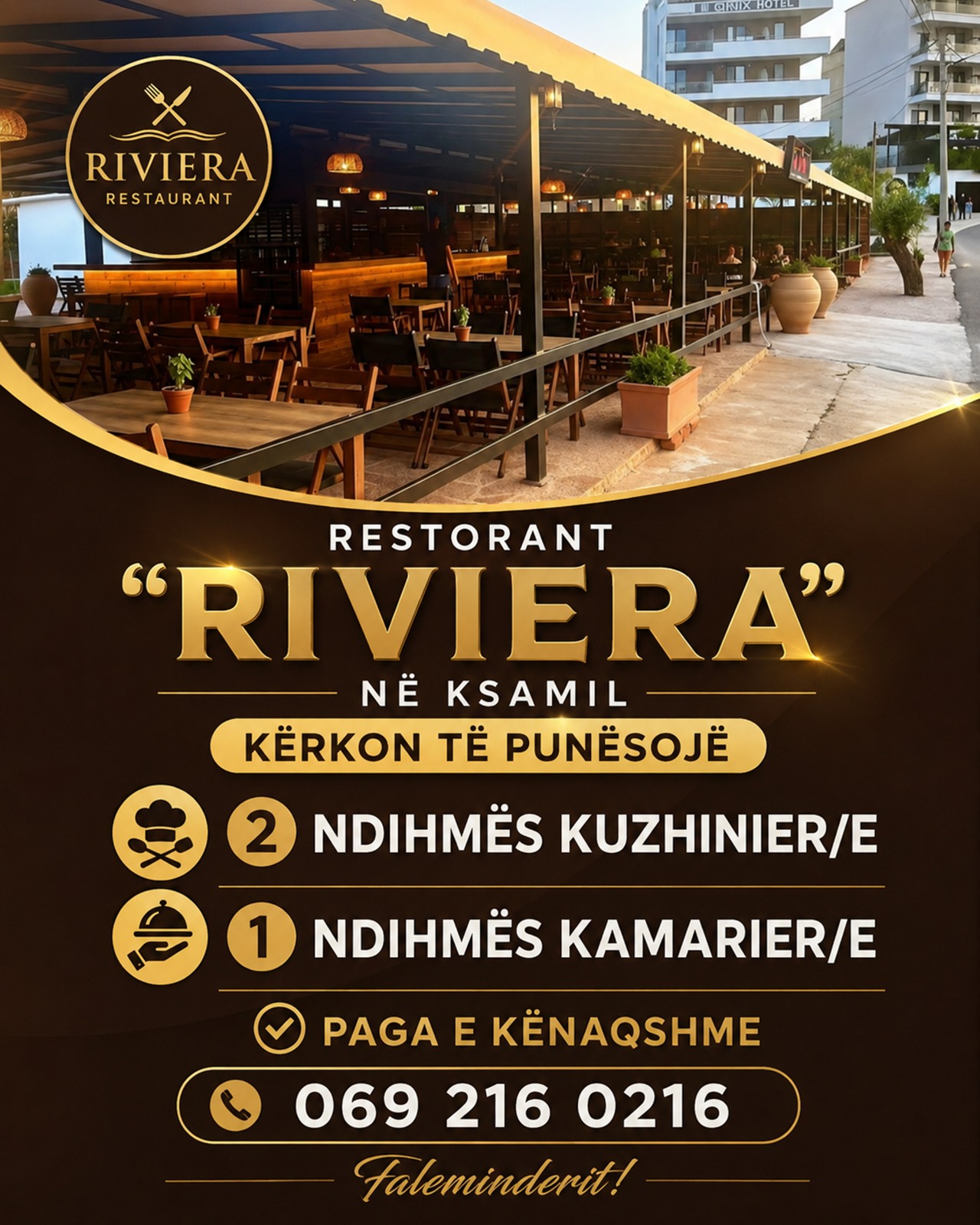 Bar Restaurant Riviera në Ksamil kërkon Ndihmës Kuzhinier/e dhe Ndihmës Kamarier/e