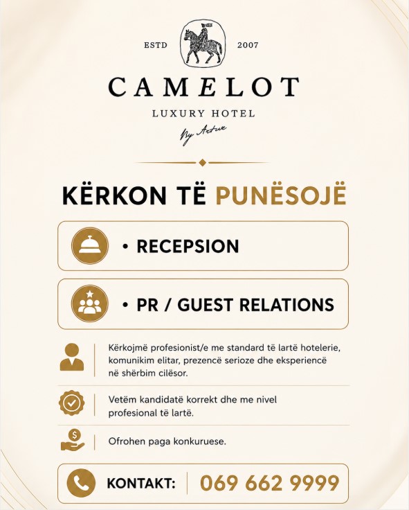 Resort Camelot by Artur në Ksamil kërkon Recepsion dhe PR / Guest Relations