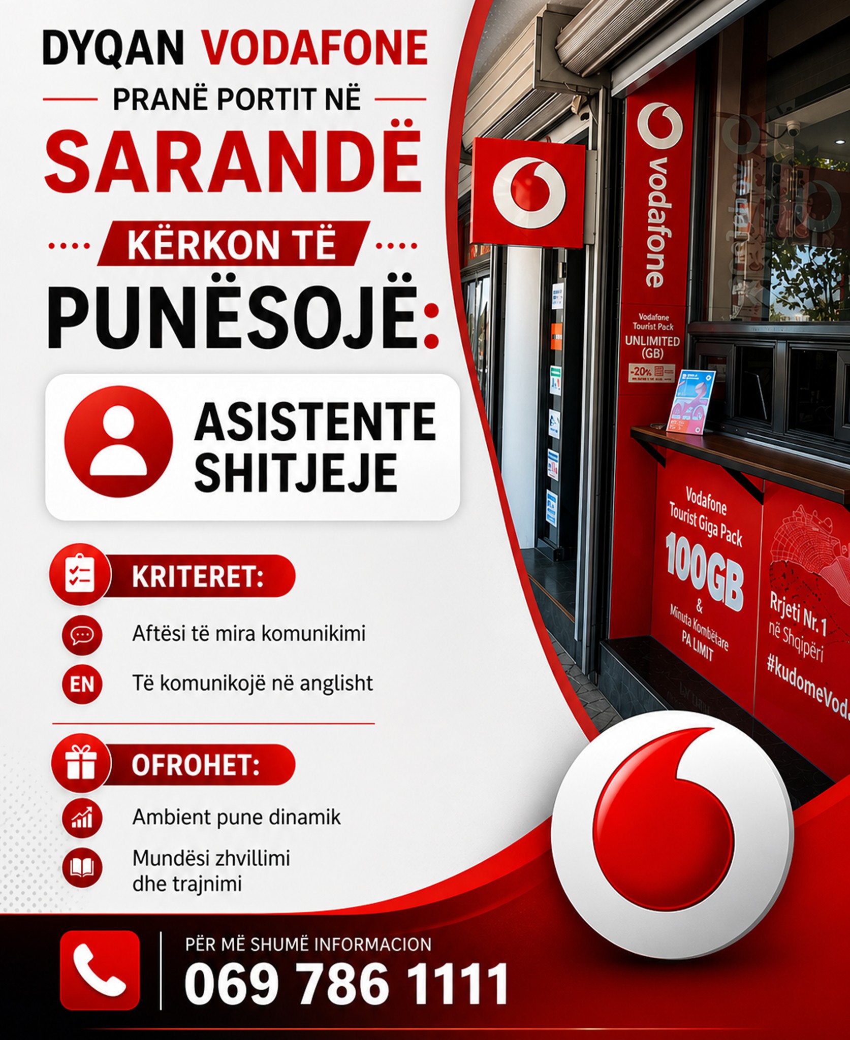 Dyqan Vodafone pranë Portit në Sarandë kërkon të punësojë Asistent/e shitjeje