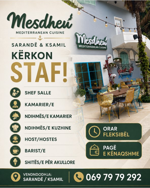 Mesdheu Restaurant në Sarandë dhe Ksamil kërkon staf