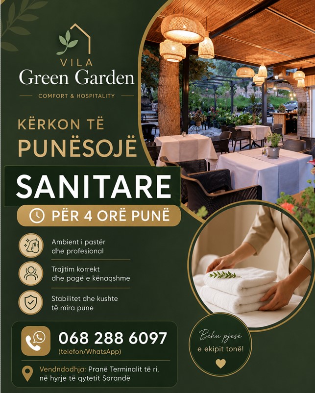 Vila Green Garden në Sarandë kërkon Sanitare për 4 orë punë