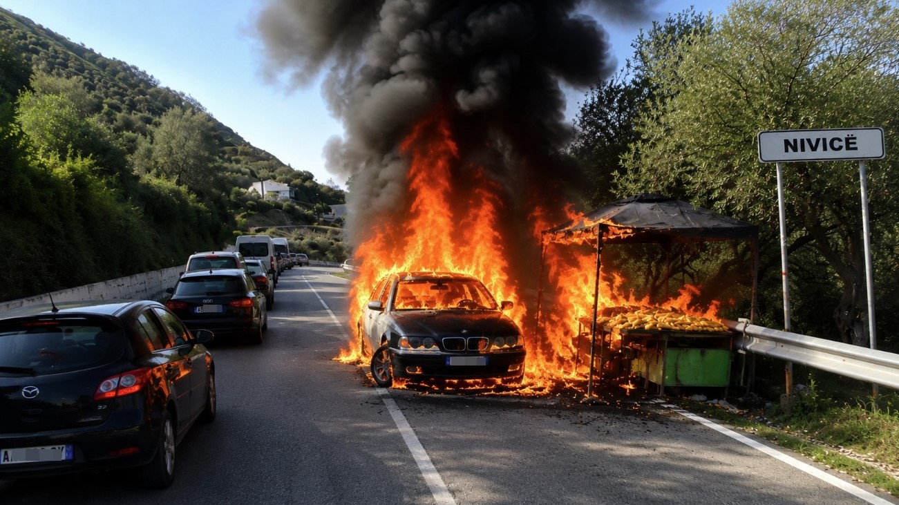 Automjet përfshihet nga flakët në hyrje të fshatit Nivicë, digjet edhe tenda e misrave