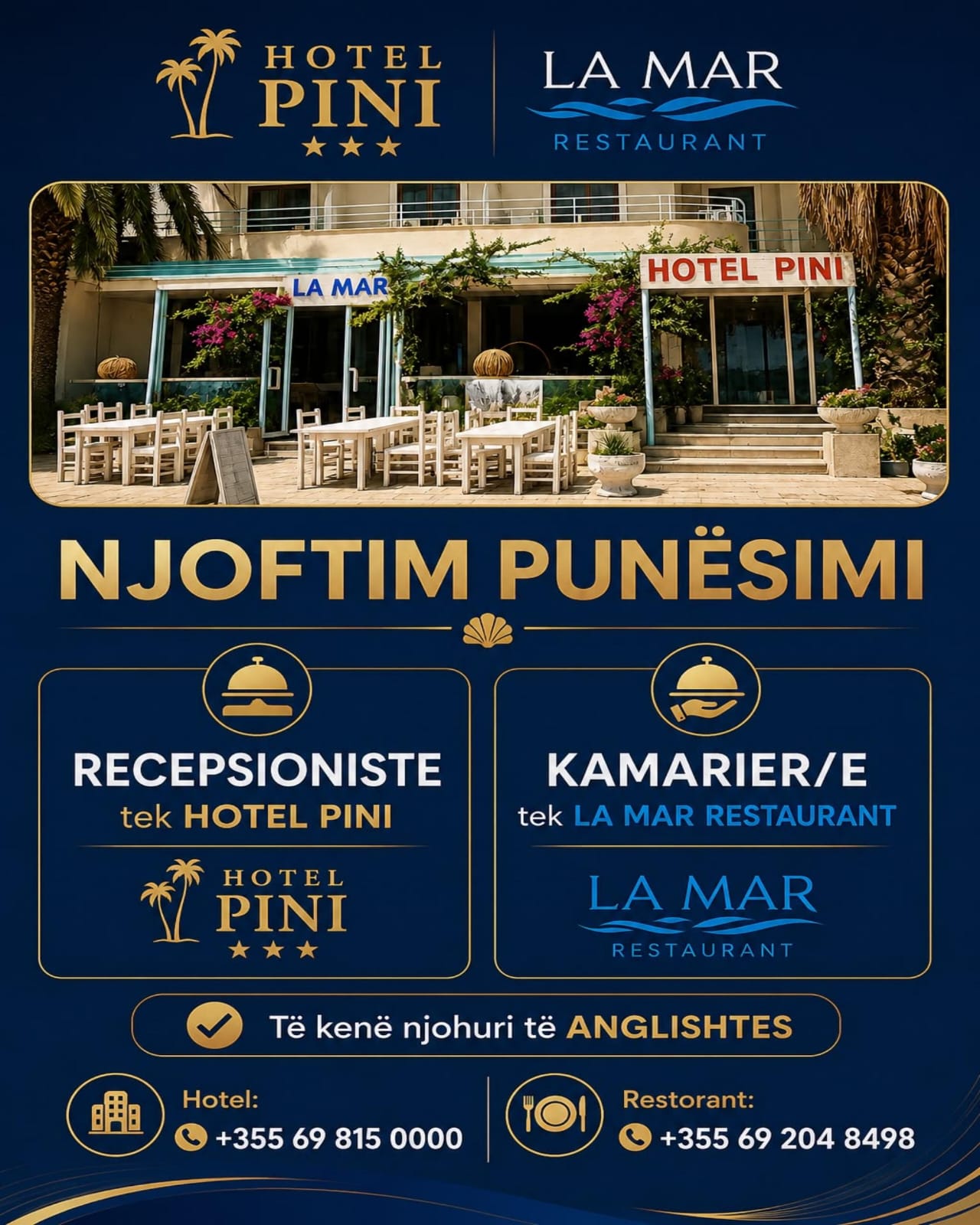 Hotel PINI dhe La Mar Restaurant në Shëtitoren e Sarandës kërkon staf