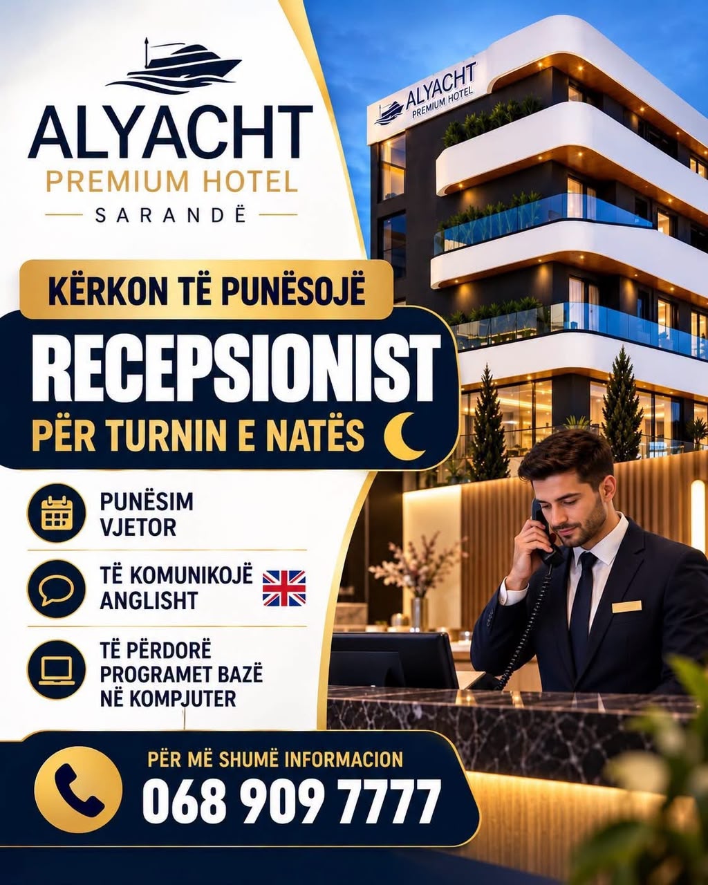 ALYACHT PREMIUM HOTEL kërkon Recepsionist Turni i Natës