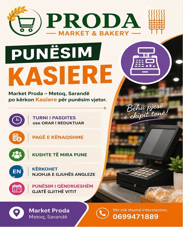 Market & Bakery PRODA në Metoq kërkon të punësojë KASIERE